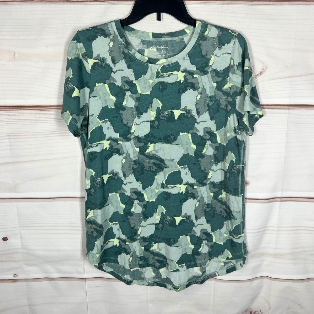 Eddie Bauer FreeDry T-Shirt Women Medium Green Camo Short Sleeve Tee Hiking Knit